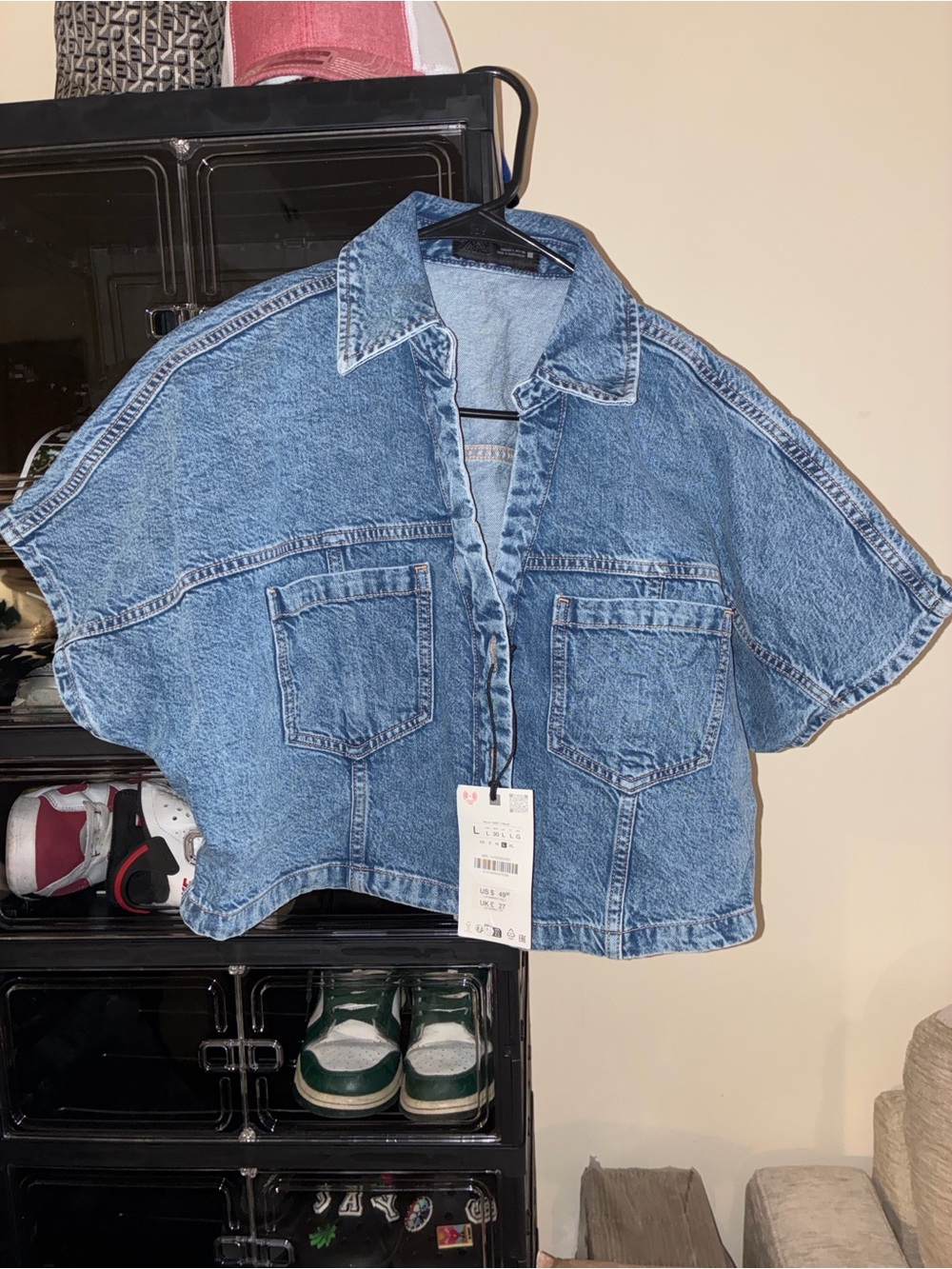 Zara Light Blue Washed Cropped Denim Button-Front Shirt